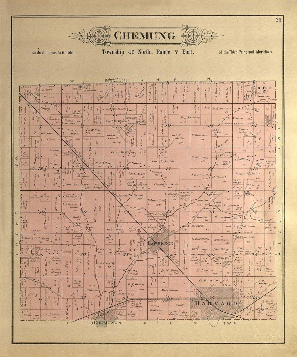 1892 Map of Chemung Township McHenry County Illinois