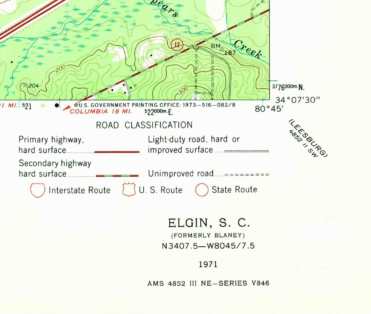 1971 Topo Map of Elgin South Carolina Quadrangle White Pond