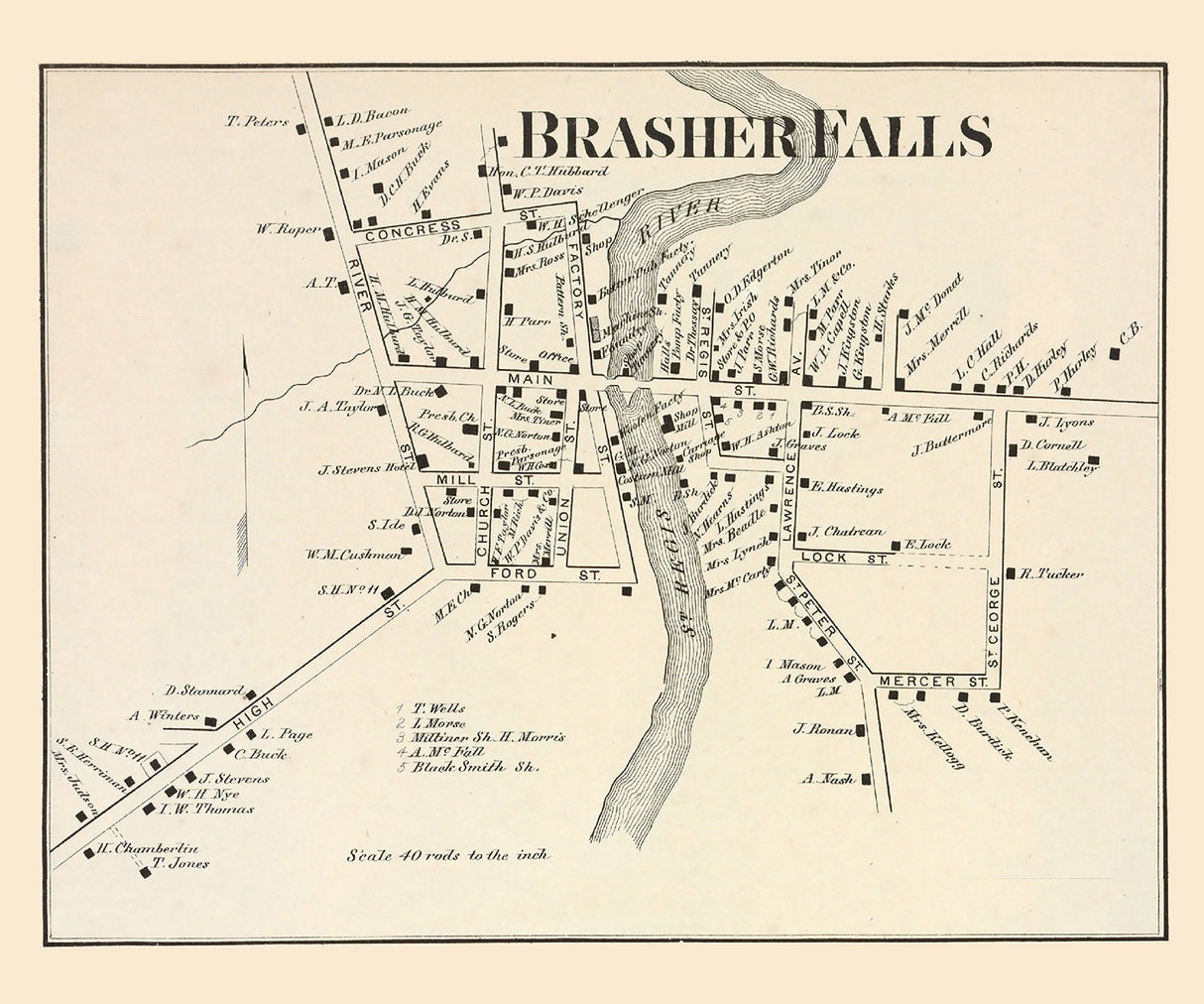 1865 Town Map of Brasher Falls Saint Lawrence County New York