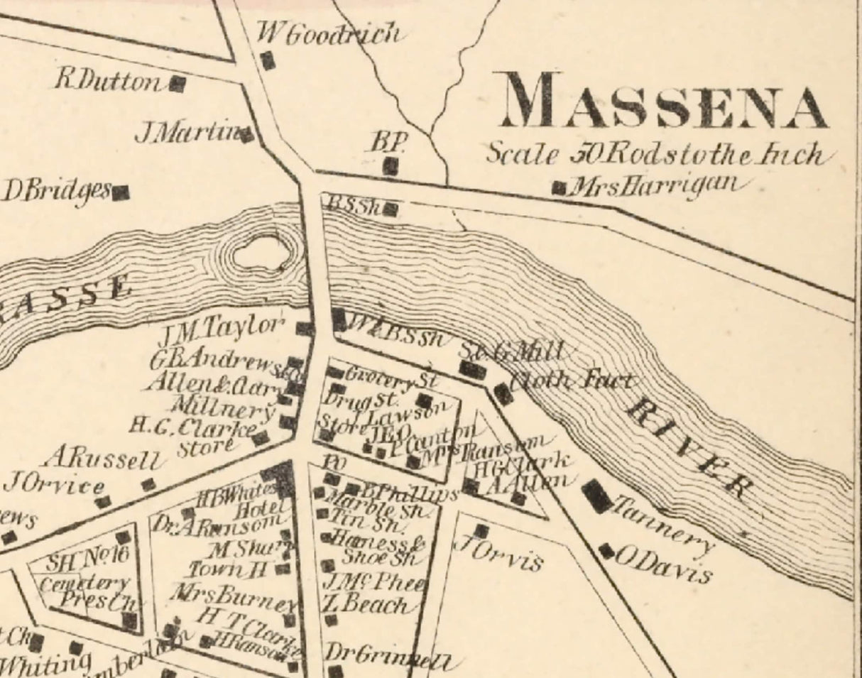 1865 Town Map of Waddington and Massena Saint Lawrence County NY