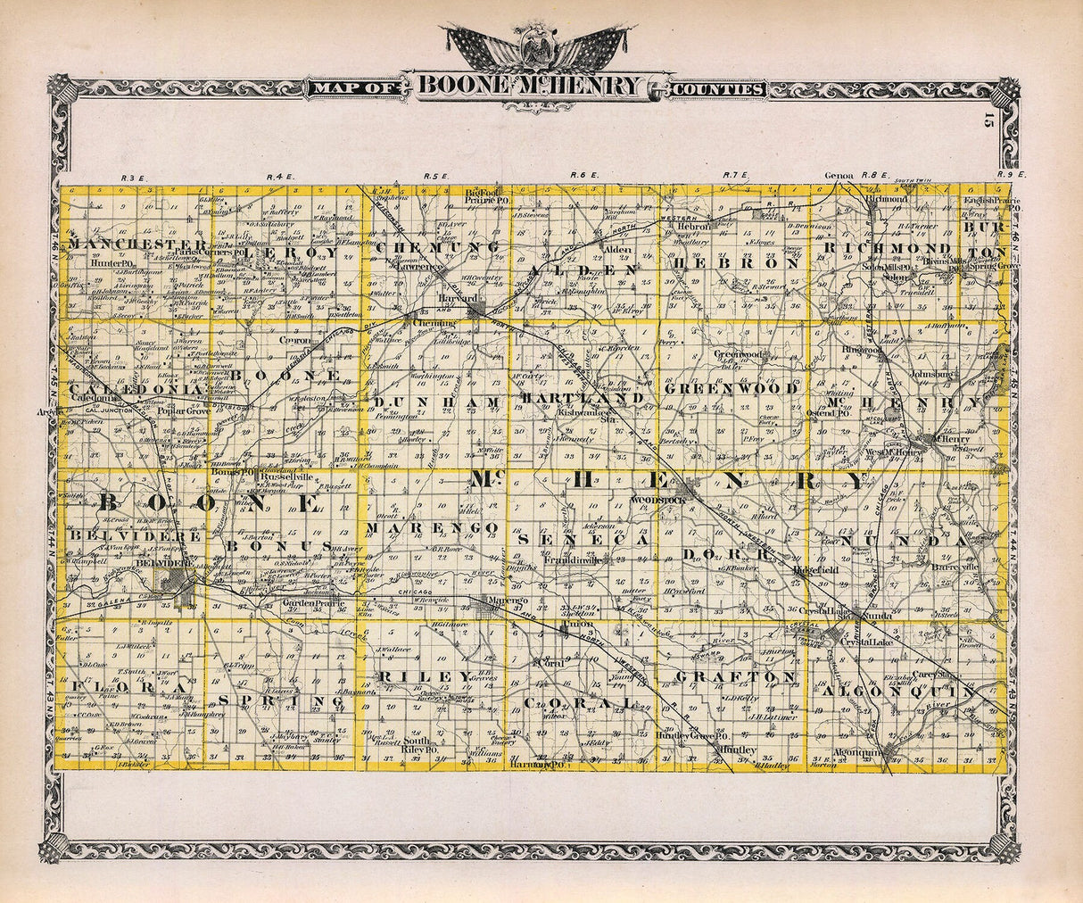 1876 Map of Boone and McHenry County Illinois