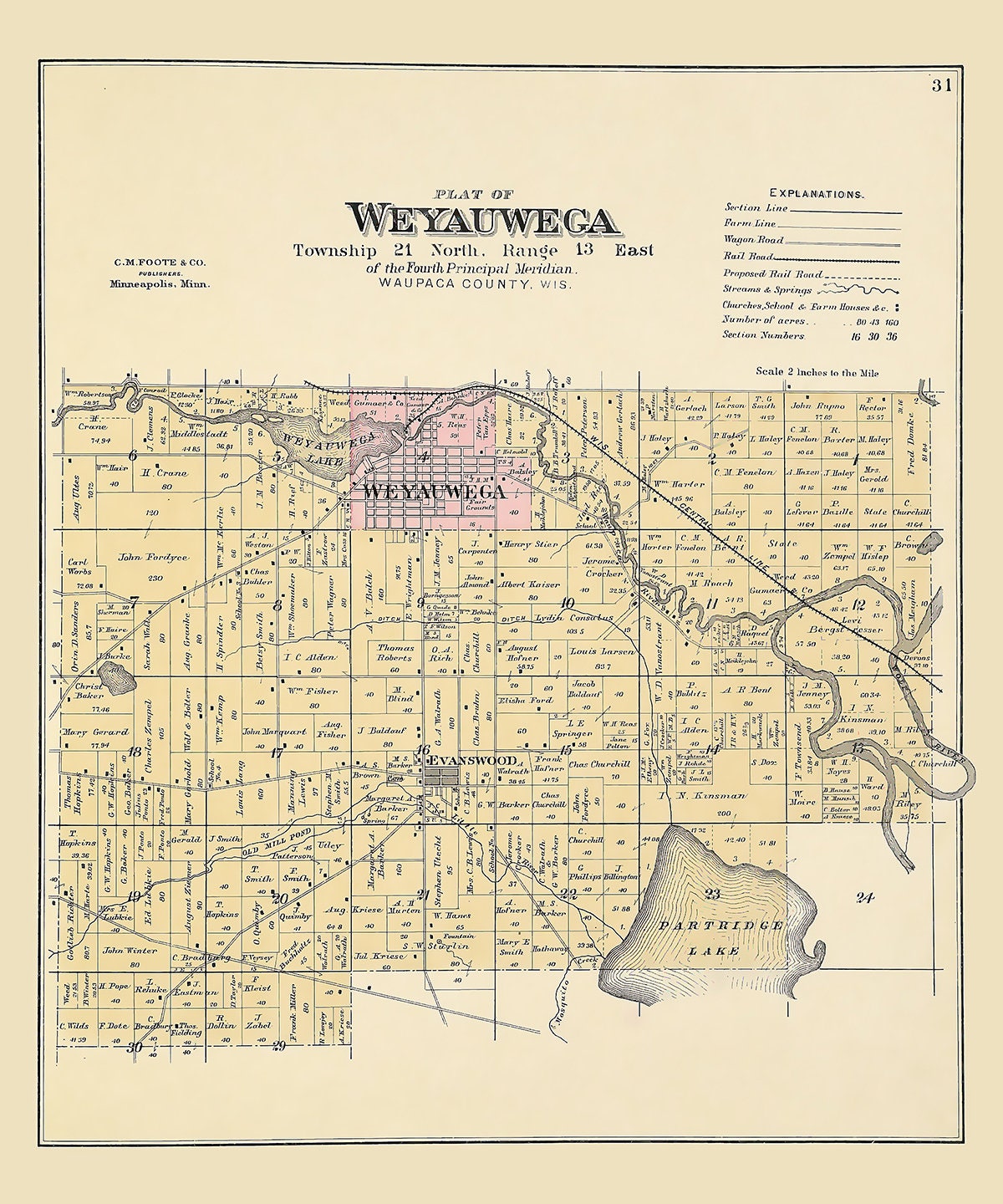 1889 Map of Weyauwega Township Waupaca County Wisconsin