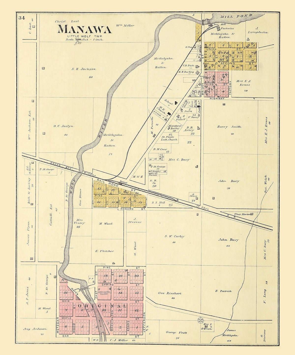 1889 Town Map of Manawa Waupaca County Wisconsin