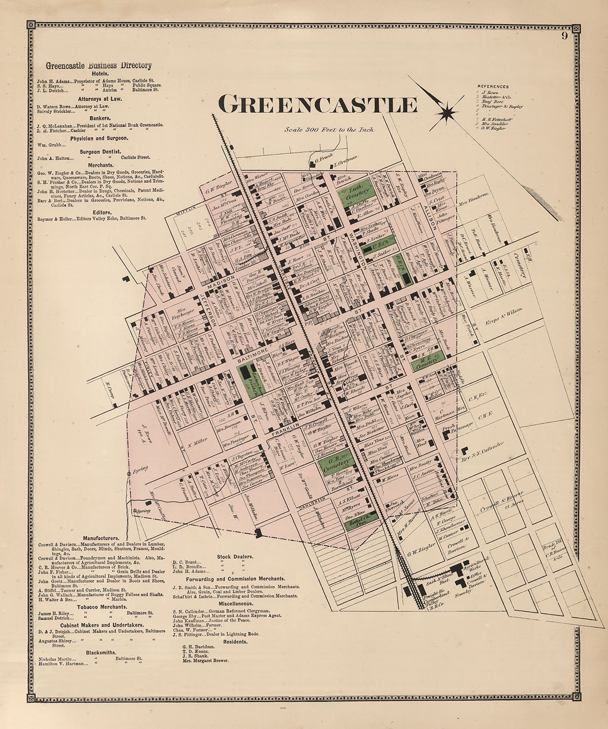 1868 Town Map of Greencastle Franklin County Pennsylvania