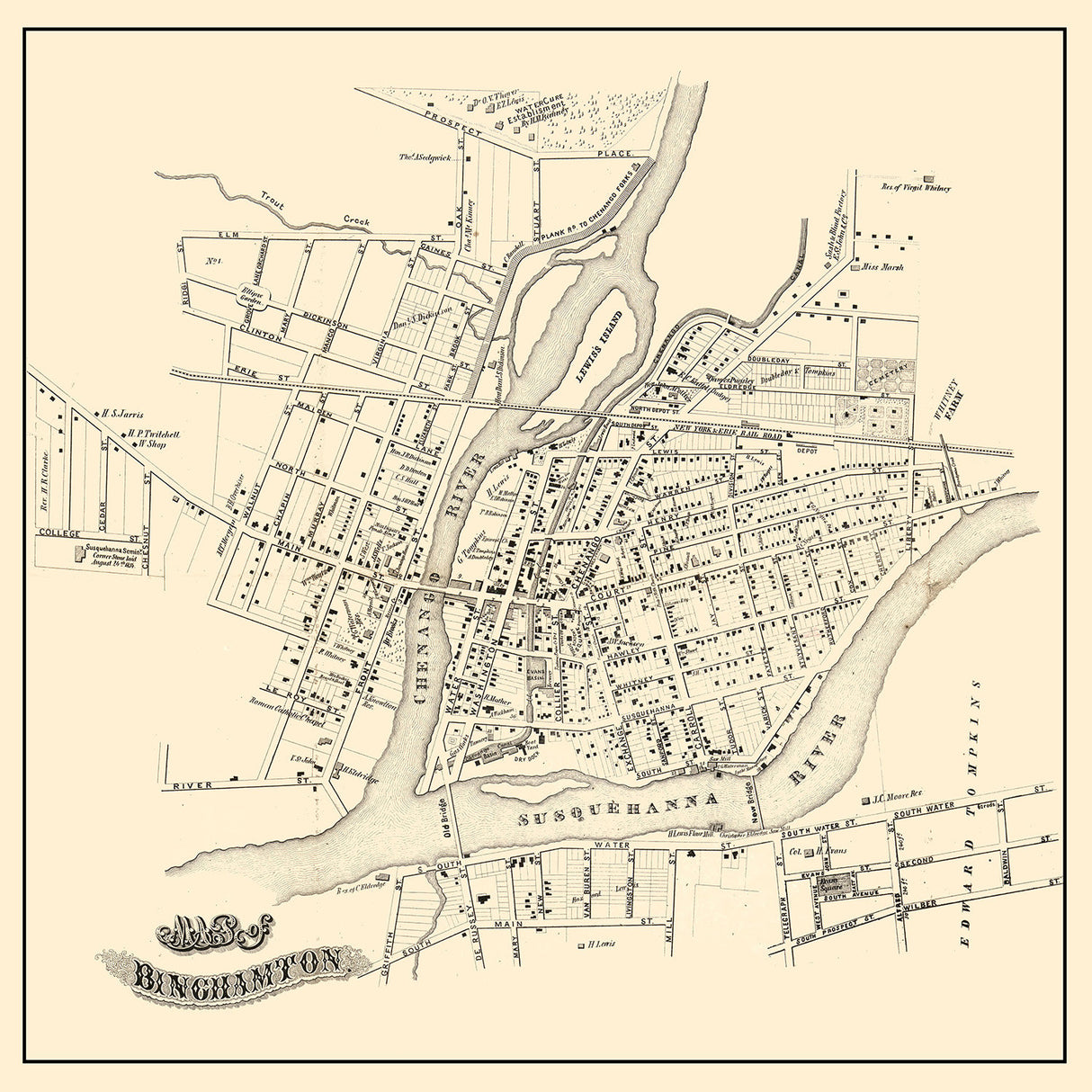 1855 Town Map of Binghamton Broome County New York