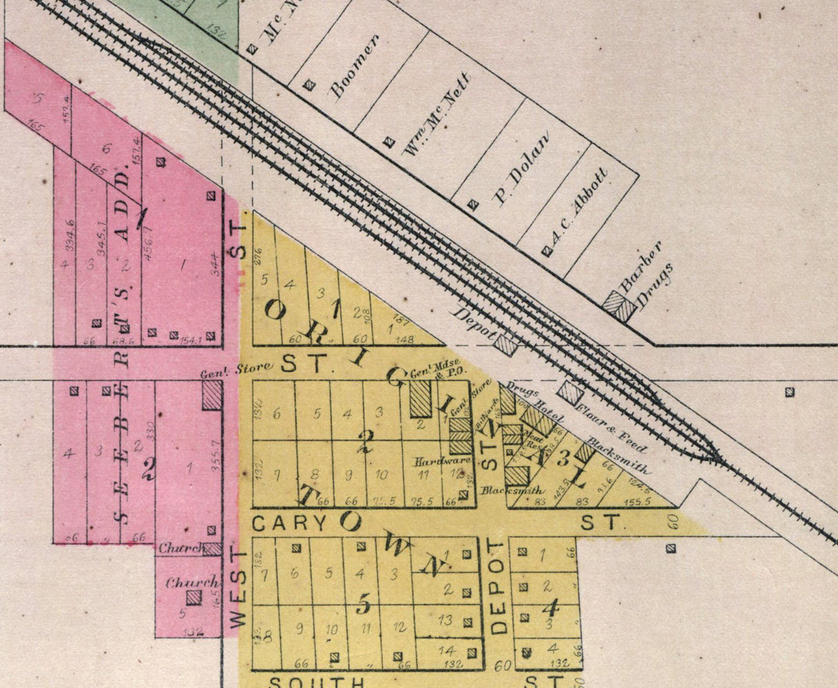 1892 Town Map of Cary Station McHenry County Illinois