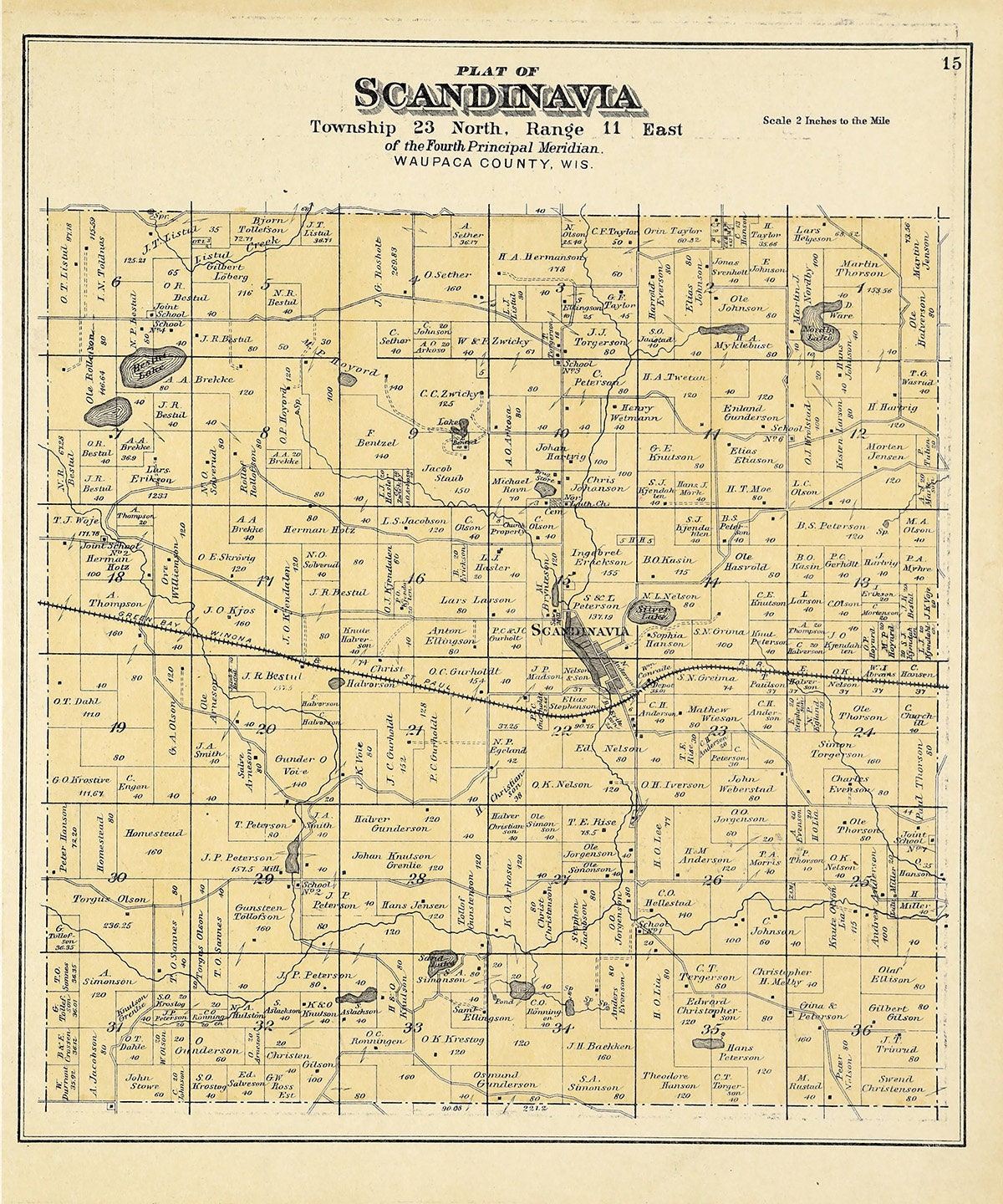 1889 Map of Scandinavia Township Waupaca County Wisconsin