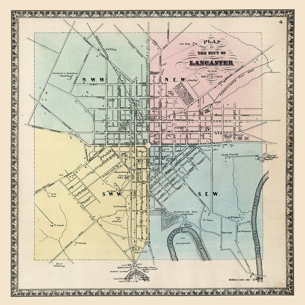 1864 Map of Lancaster Lancaster County Pennsylvania