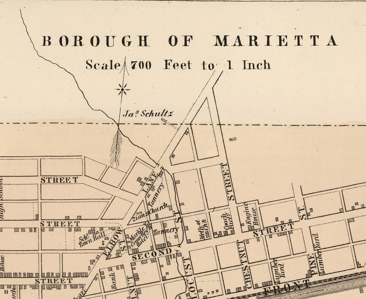 1864 Town Map of Marietta Lancaster County Pennsylvania Mount Joy