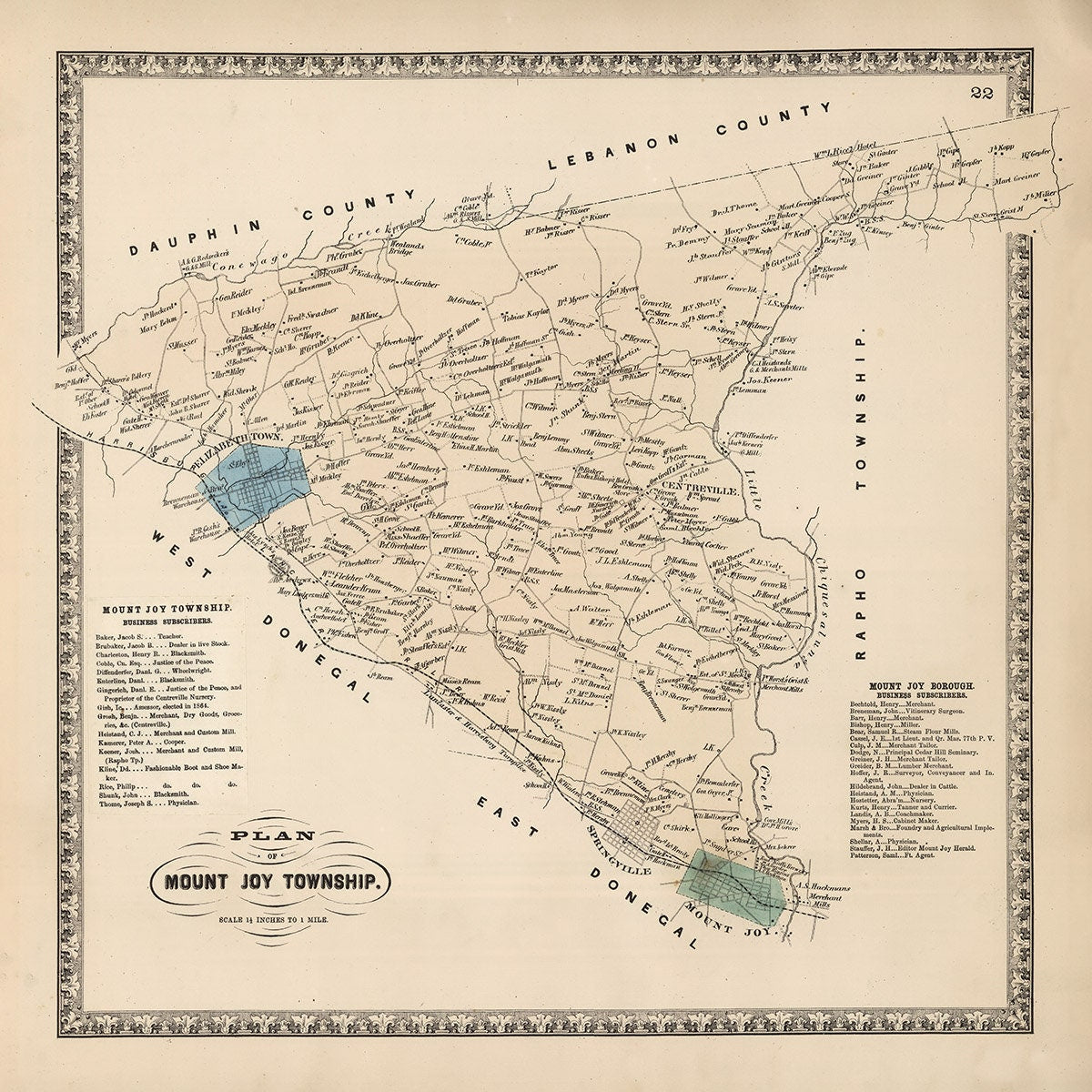 1864 Map of Mount Joy Township Lancaster County Pennsylvania