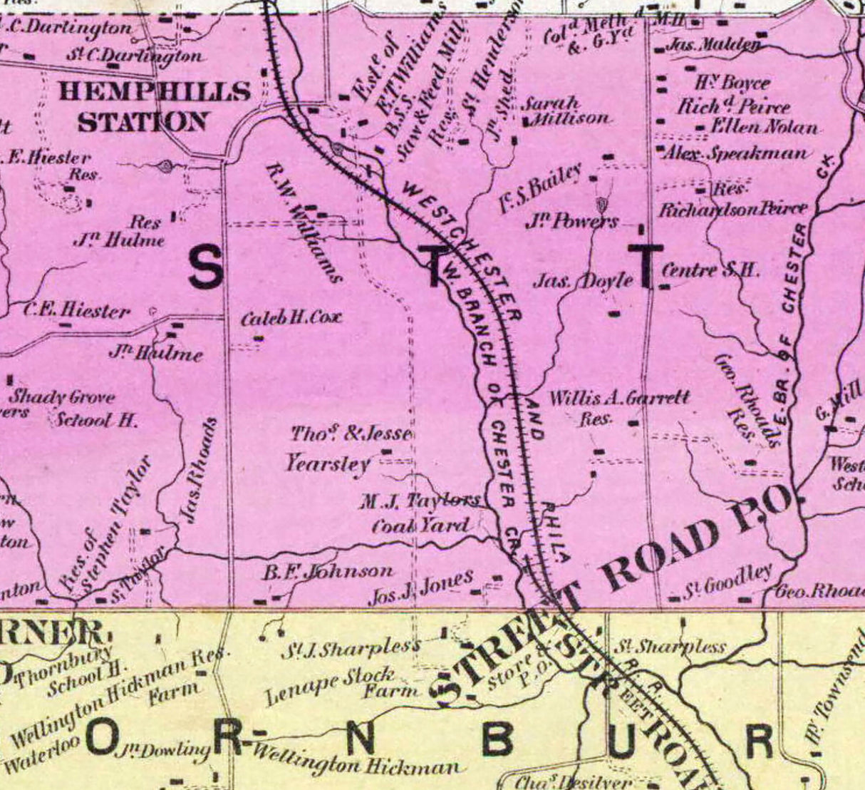 1873 Map of Westtown Thornbury Birmingham Chester County Pennsylvania