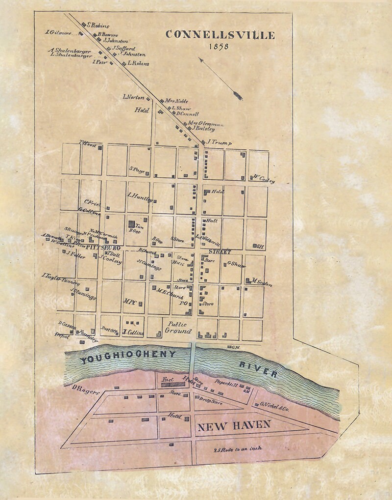 1858 Town Map of Connellsville Fayette County Pa