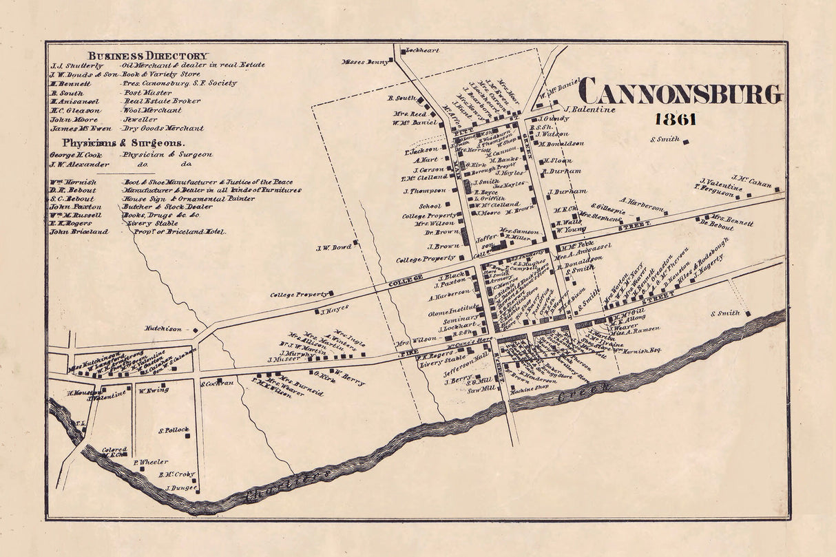 1861 Town Map of Cannonsburg Washington County Pennsylvania