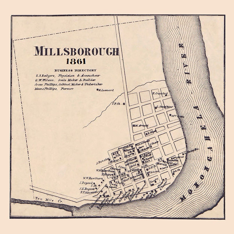 1861 Town Map of Millsborough Washington County Pennsylvania