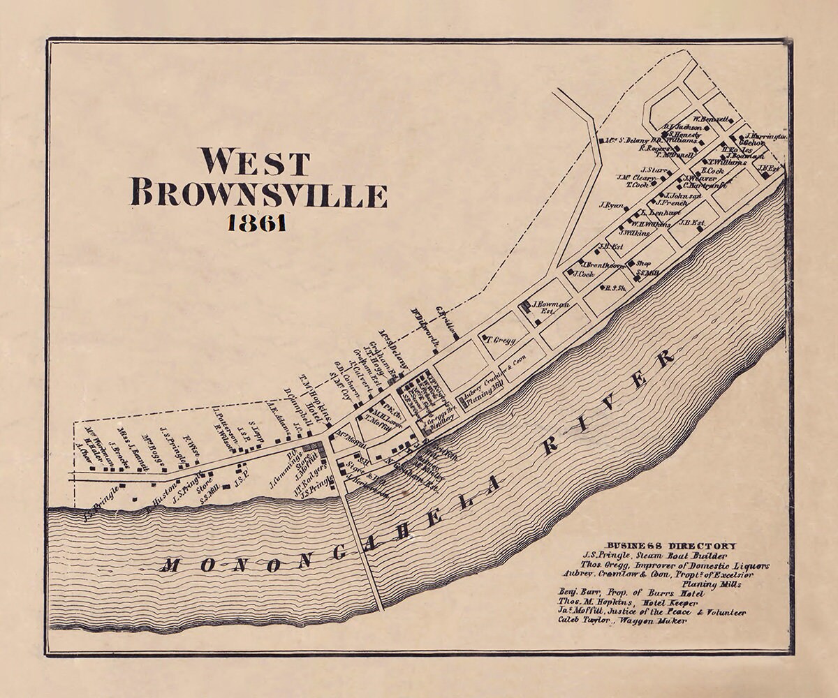 1861 Town Map of West Brownsville Washington County Pennsylvania