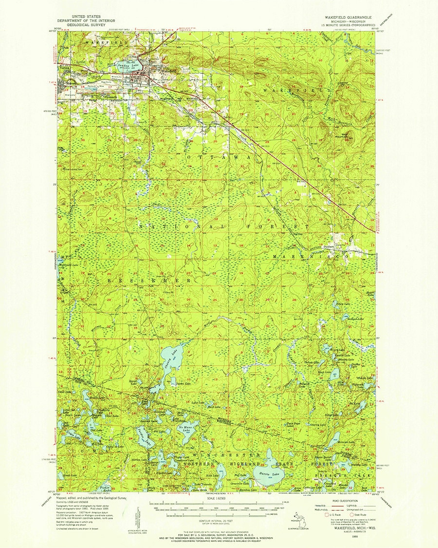 1955 Topo Map of Wakefield Michigan Quadrangle