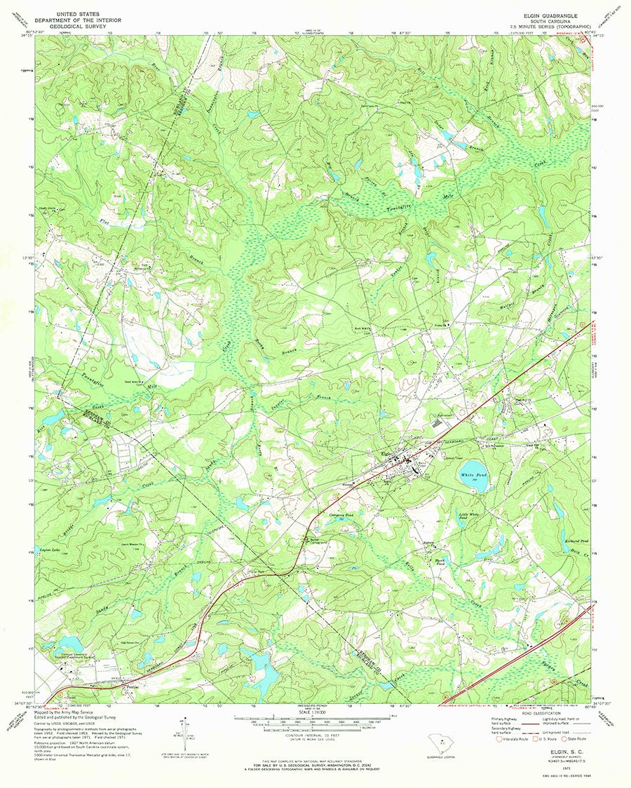 1971 Topo Map of Elgin South Carolina Quadrangle White Pond