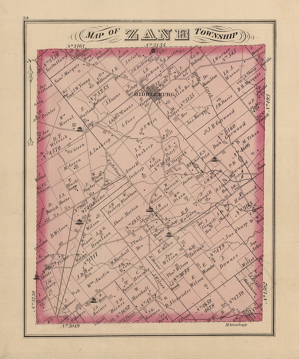 1875 Map of Zane Township Logan County Ohio