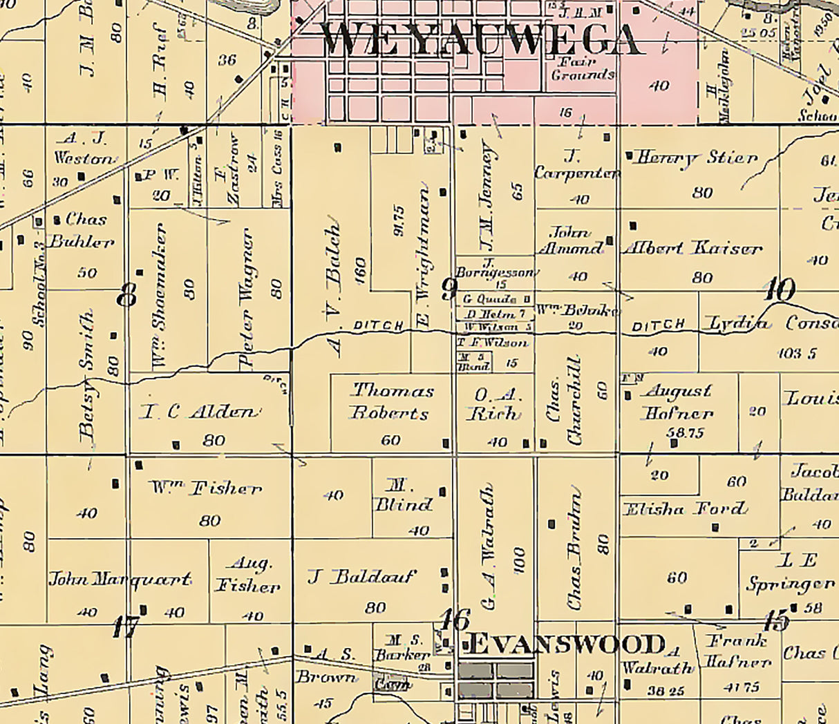 1889 Map of Weyauwega Township Waupaca County Wisconsin