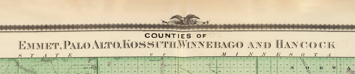 1875 Map of Emmet Palo Alto Kossuth Winnebago and Hancock County Iowa