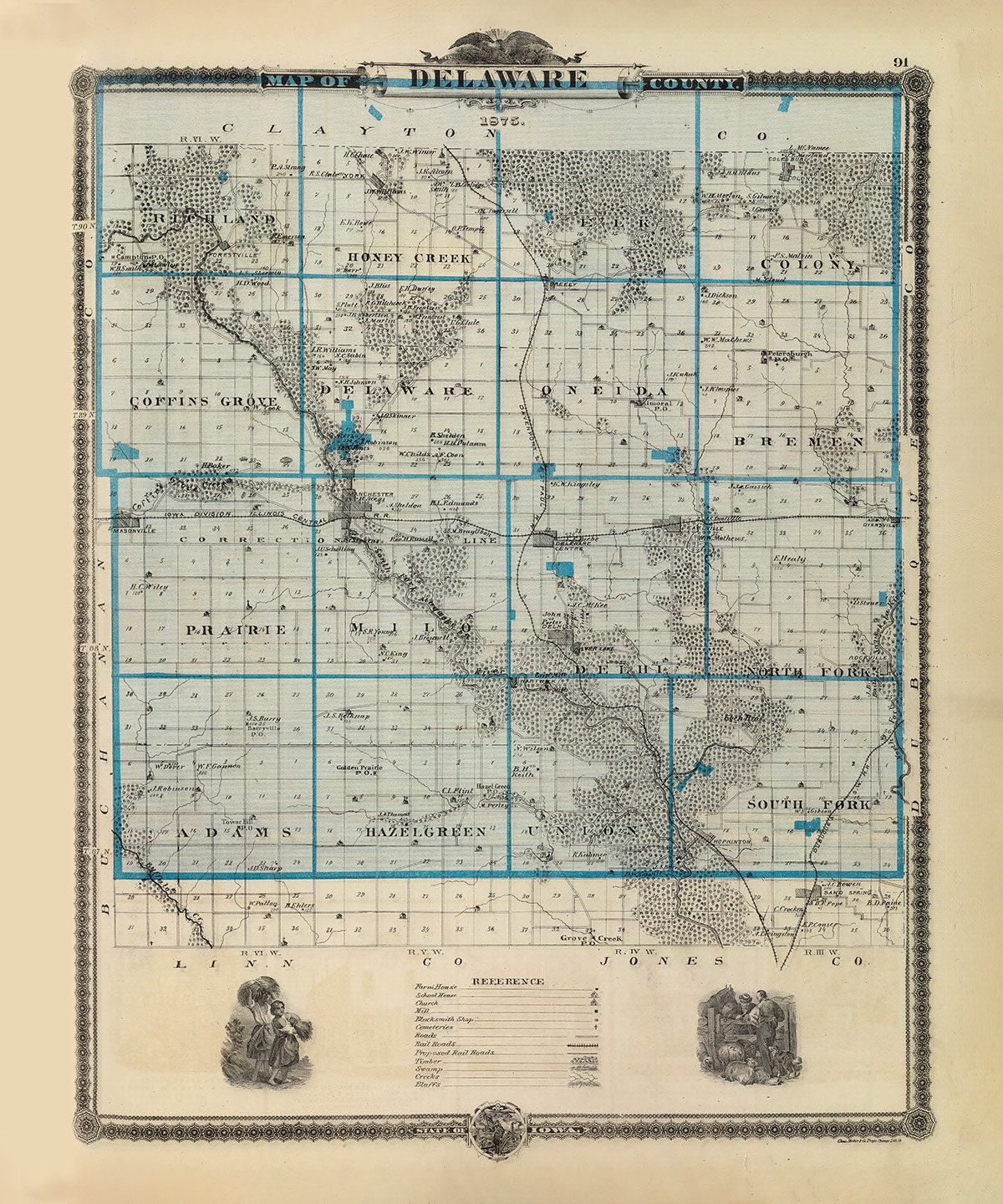 1875 Map of Delaware County Iowa