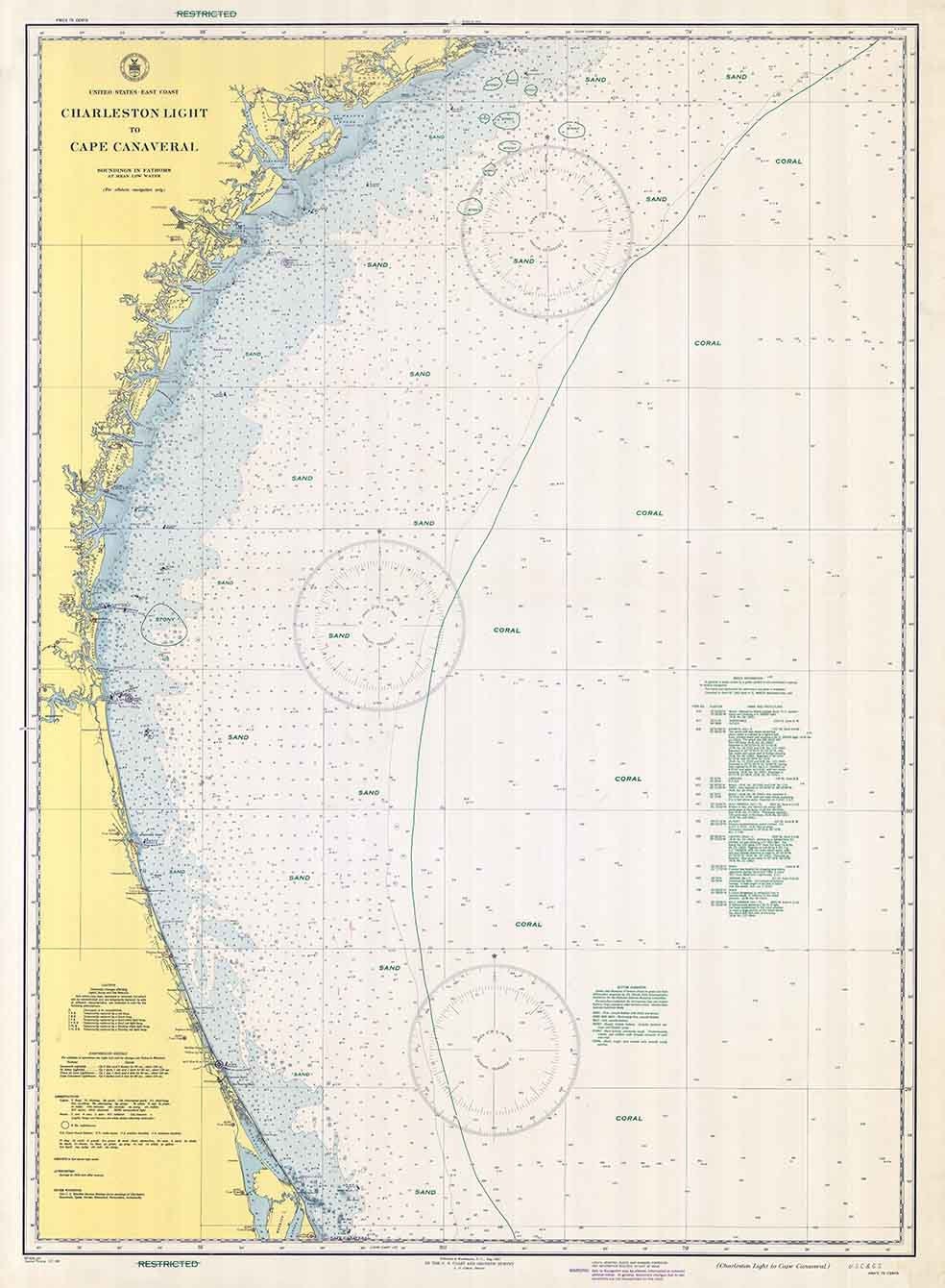 1943 Nautical Map of Ship Wrecks Charleston Light to Cape Canaveral