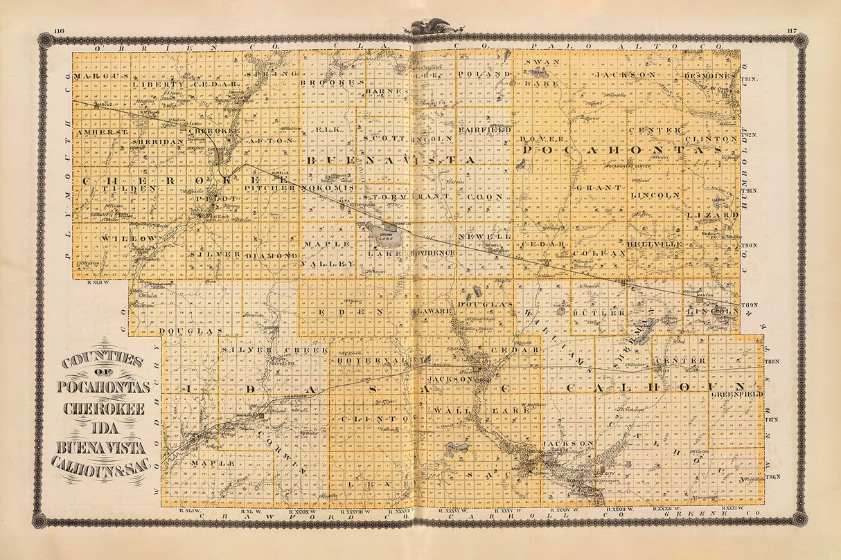 1875 Map of Pocahontas Cherokee Ida Buena Vista Calhoun and Sac County Iowa