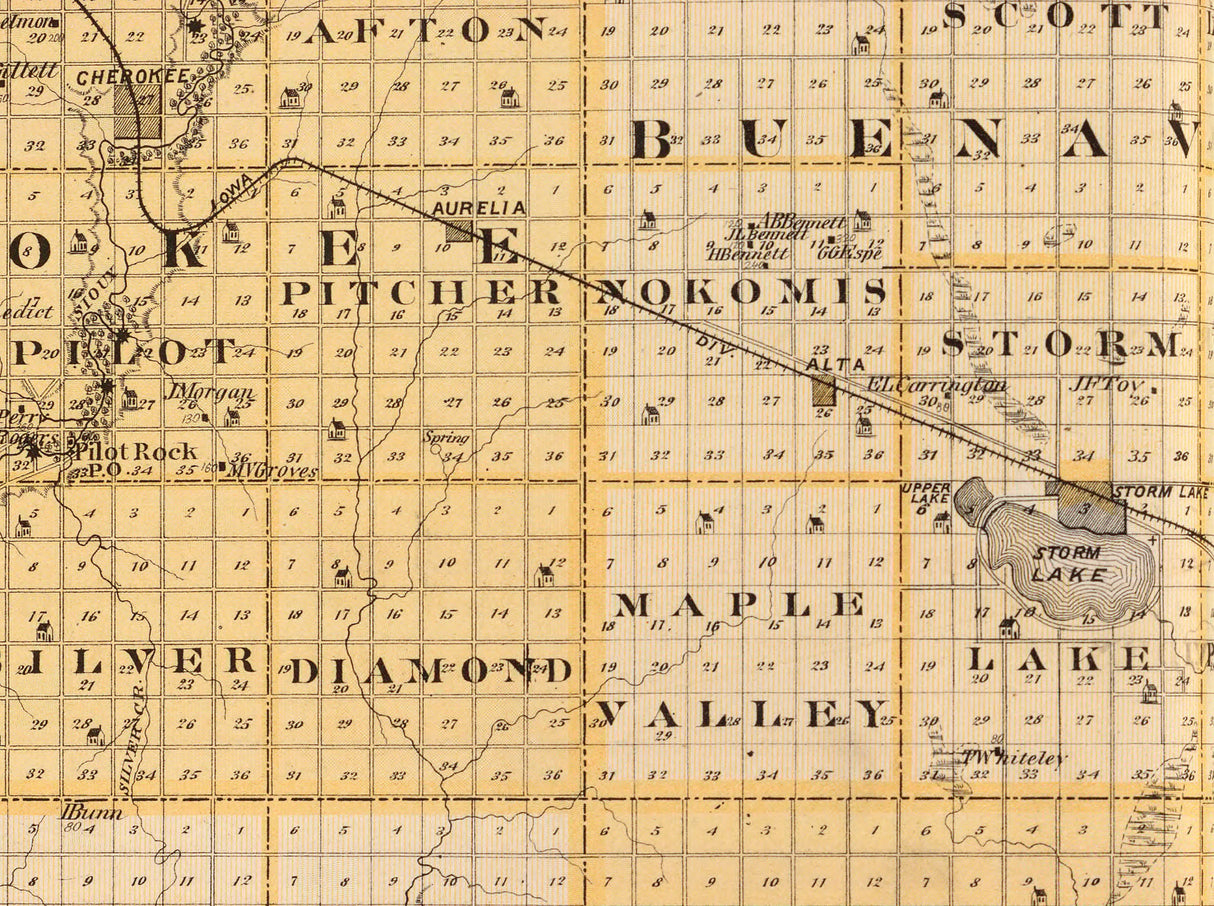 1875 Map of Pocahontas Cherokee Ida Buena Vista Calhoun and Sac County Iowa