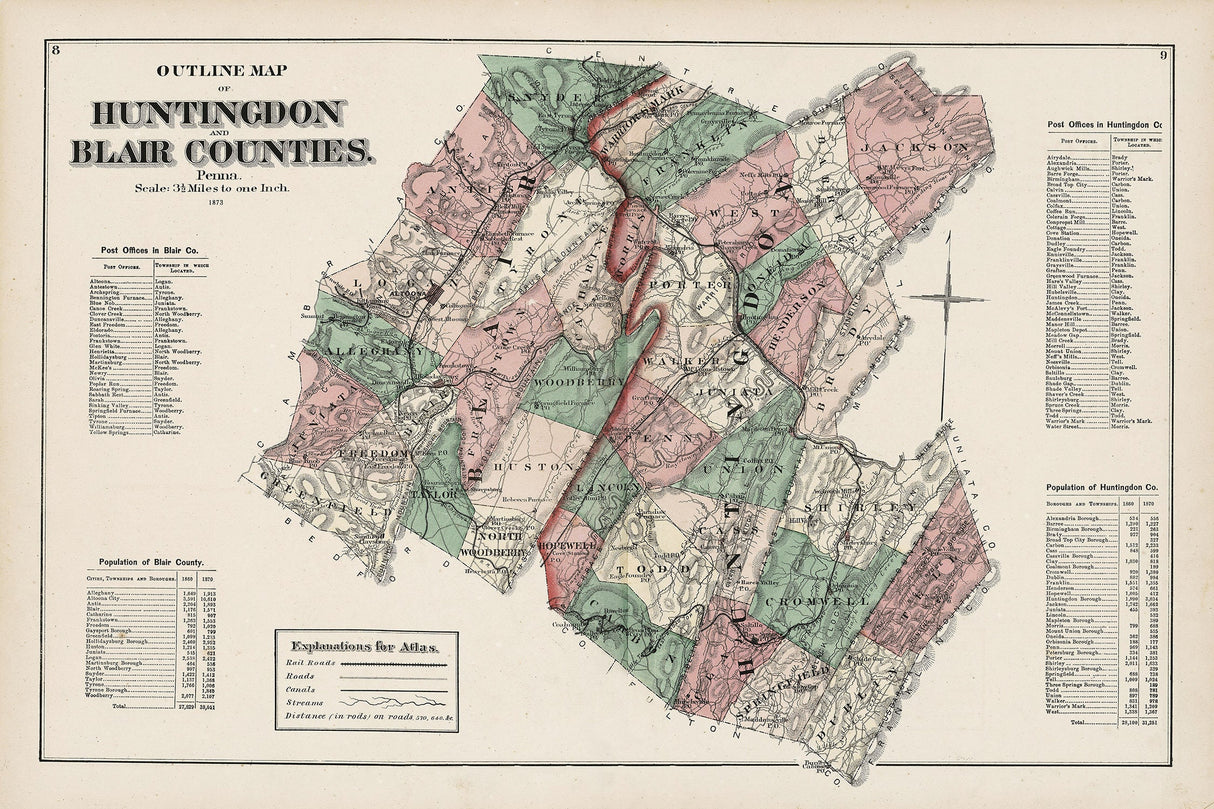 1873 Map of Blair and Huntingdon County Pennsylvania