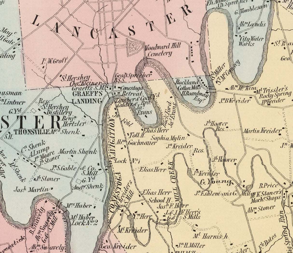 1864 Map of Pequa West Lampeter and Lancaster Township Lancaster County PA