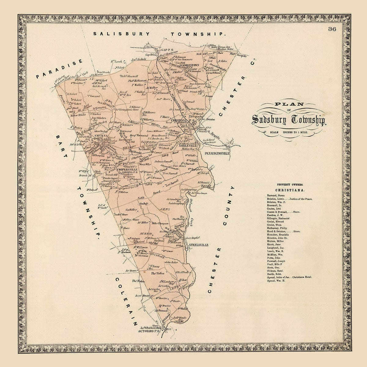 1864 Map of Sadsbury Township Lancaster County Pennsylvania