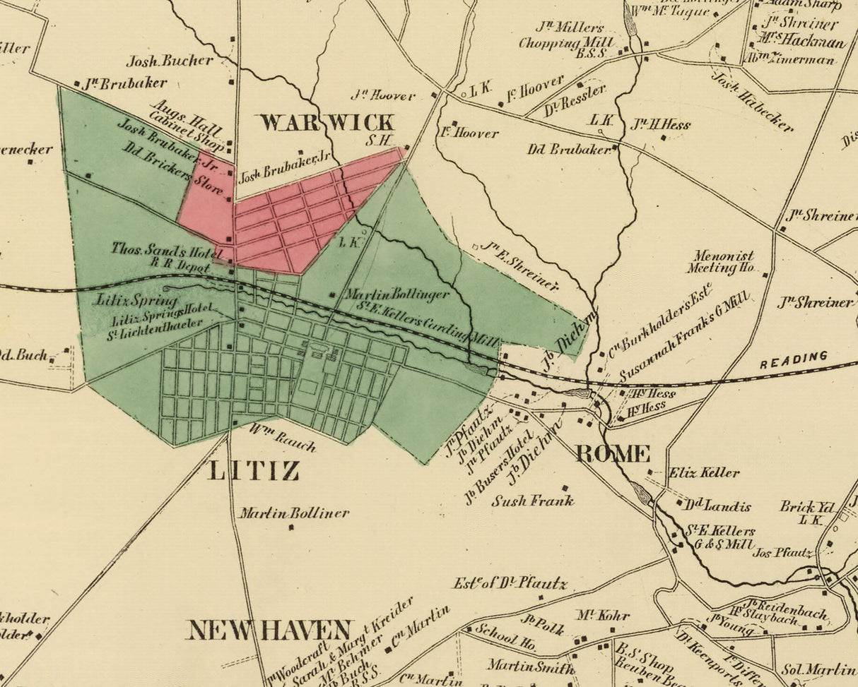 1864 Map of Warwick Township Lancaster County Pennsylvania