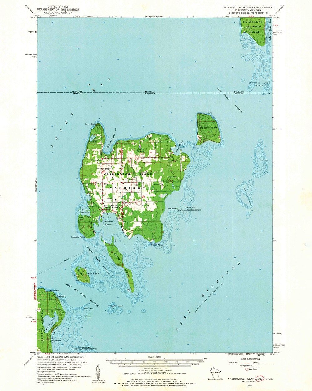 1960 Topo Map of Washington Island Door County Wisconsin