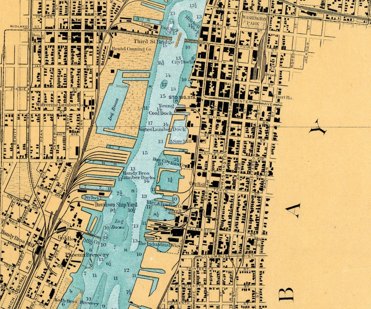 1908 Nautical Chart Saginaw River Bay City Michigan