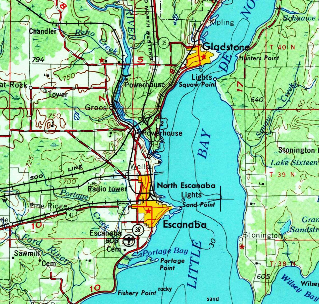 1954 Topo Map of Escanaba Quadrangle Door County Green Bay