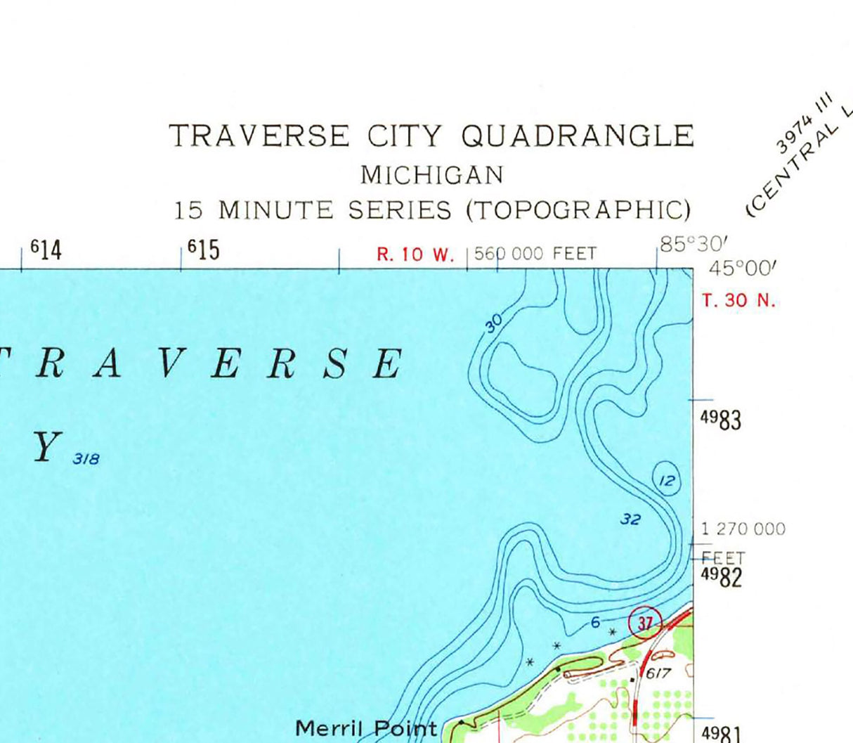 1957 Topo Map of Traverse City Michigan Grand Traverse Bay