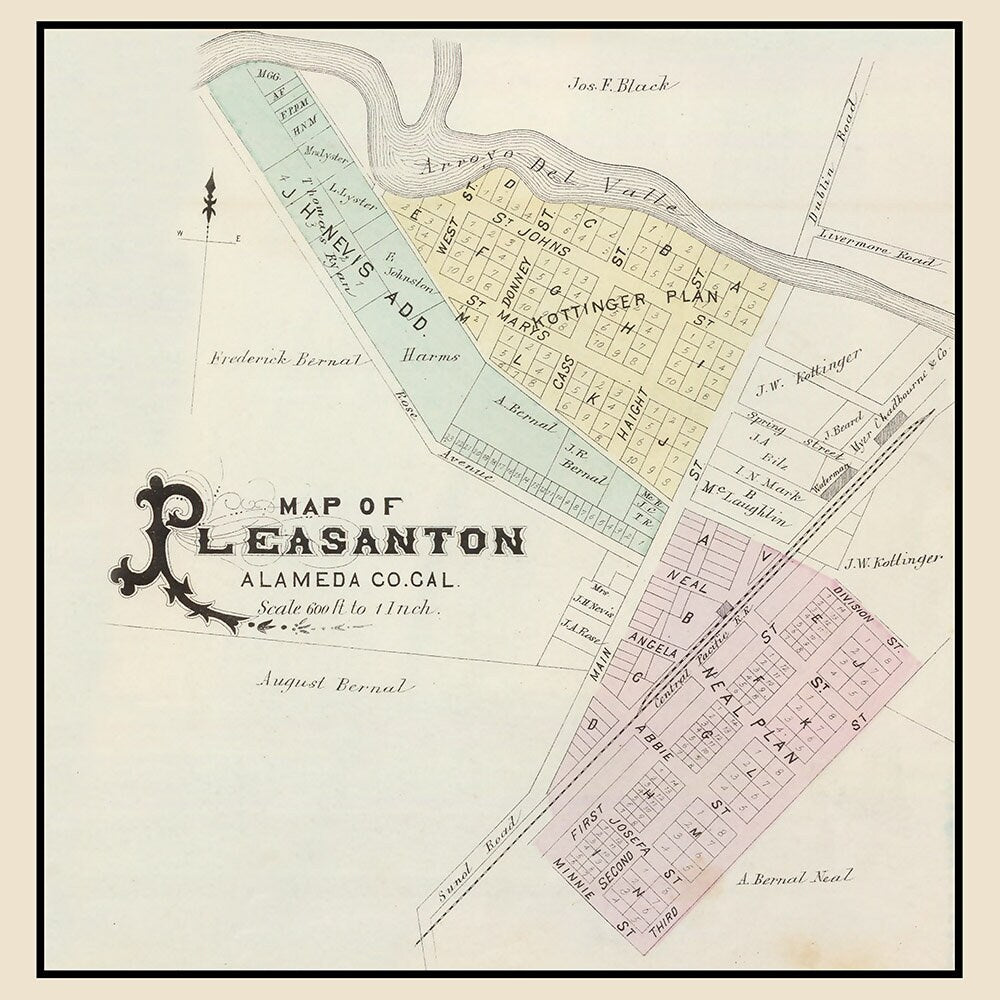 1878 Town Map of Pleasanton Alameda County California