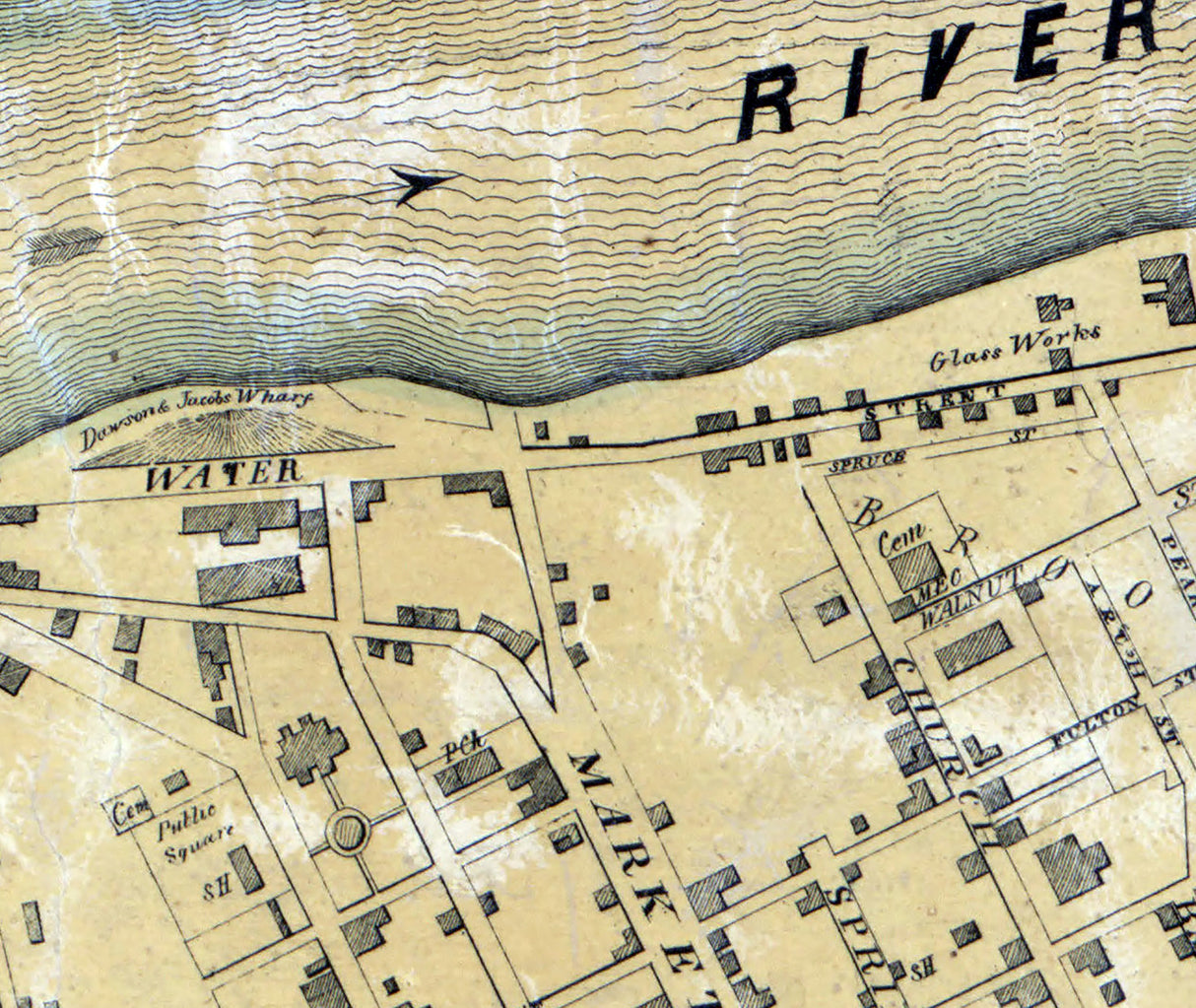 1858 Town Map of Bridgeporte and Brownsville Fayette County Pa