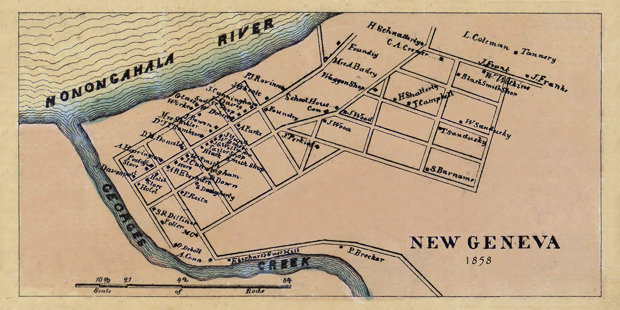 1858 Town Map of New Geneva Fayette County Pa