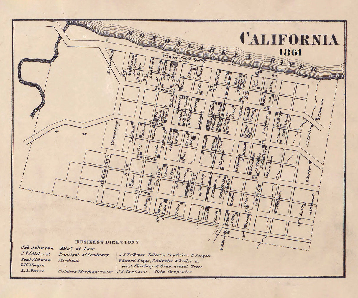 1861 Town Map of California Washington County Pennsylvania