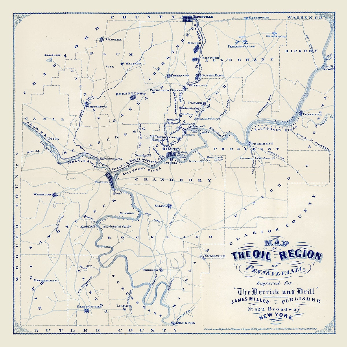 1865 Map of The Oil Region of Pennsylvania Derrick and Drill Oil Wells