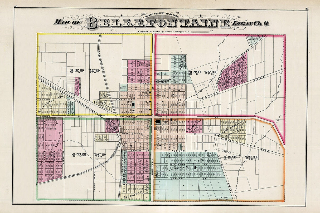 1875 Town Map of Bellefontaine Logan County Ohio