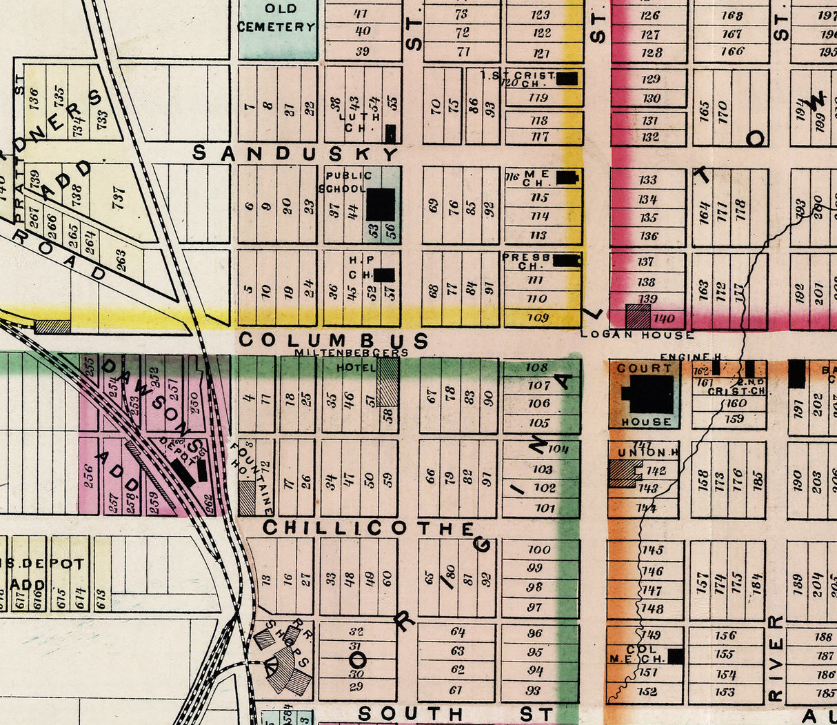 1875 Town Map of Bellefontaine Logan County Ohio