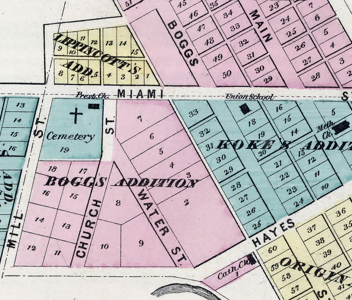 1875 Town Map of De Graff Richland Huntsville Zanesfield Logan County Ohio