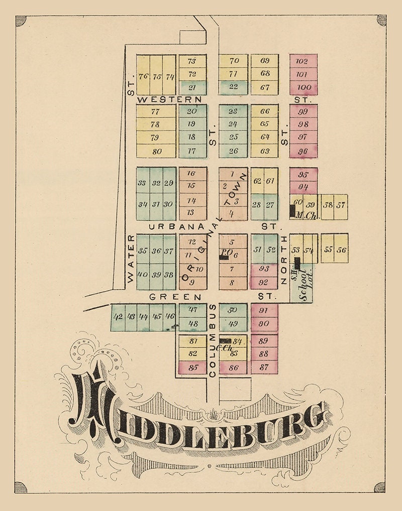 1875 Town Map of Middleburg Logan County Ohio