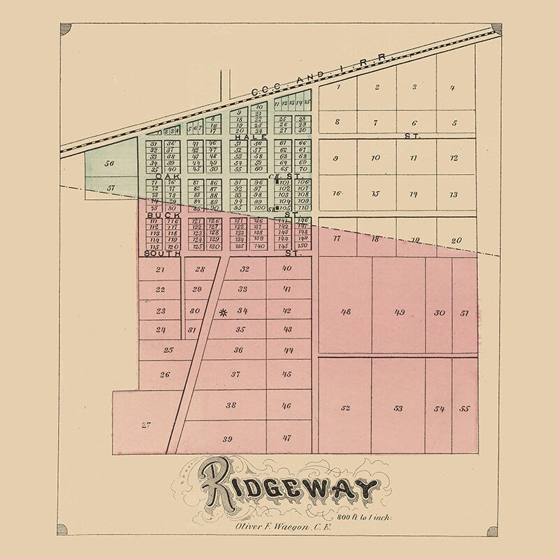 1875 Town Map of Ridgeway Logan County Ohio