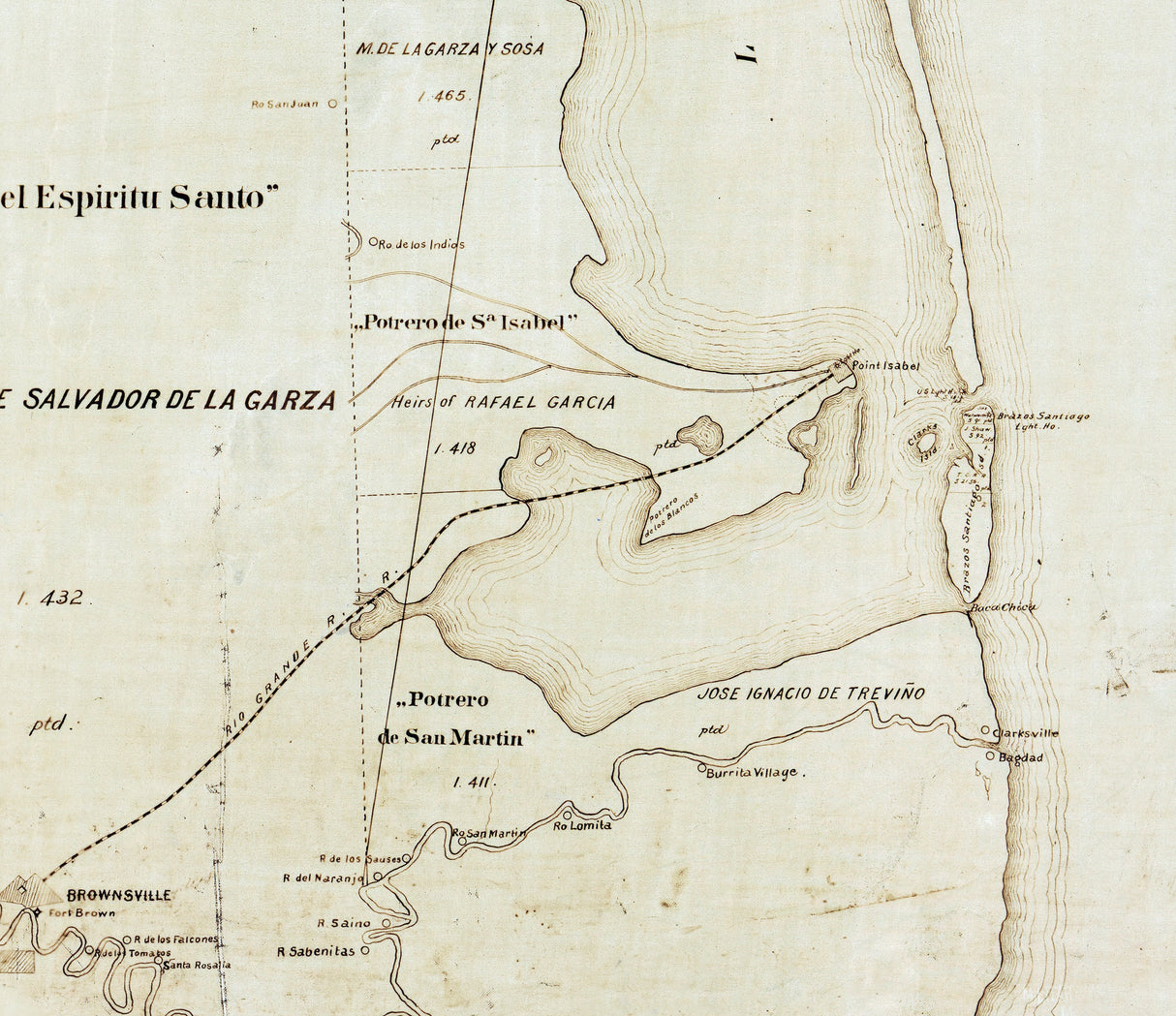 1895 Farm Line Map of Cameron County Texas Boca Chica