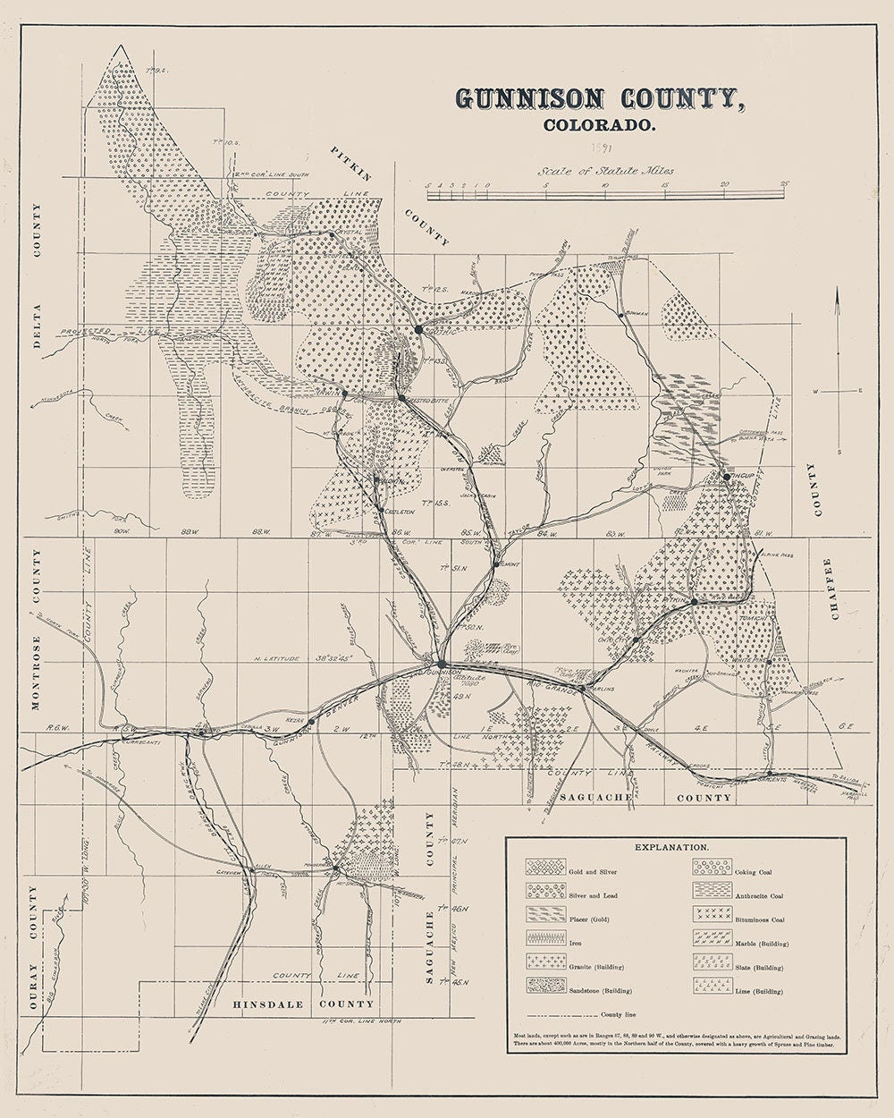 1891 Map of Gunnison County Colorado