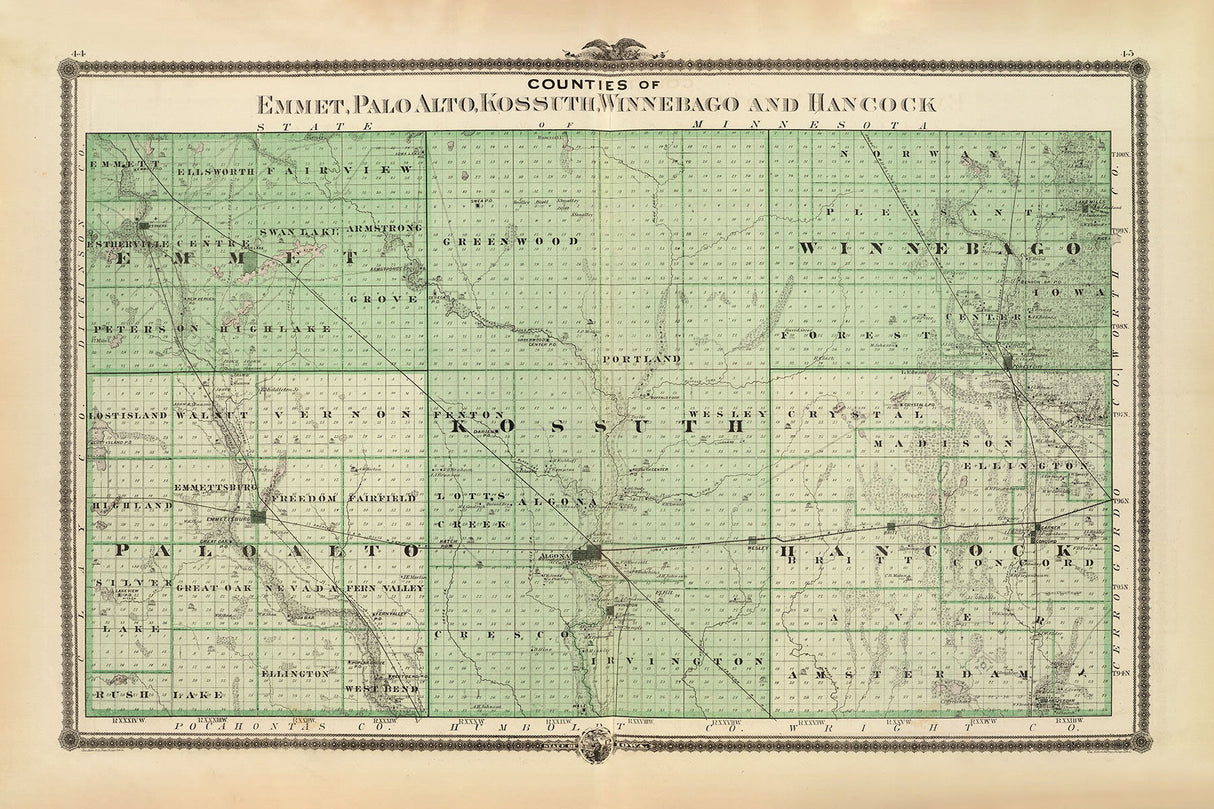 1875 Map of Emmet Palo Alto Kossuth Winnebago and Hancock County Iowa