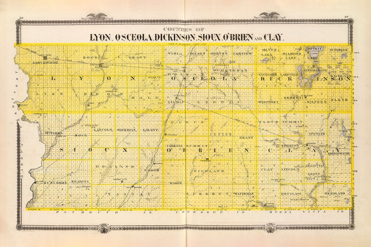 1875 Map of Lyon Osceola Dickinson Sioux Obrien and Clay County Iowa